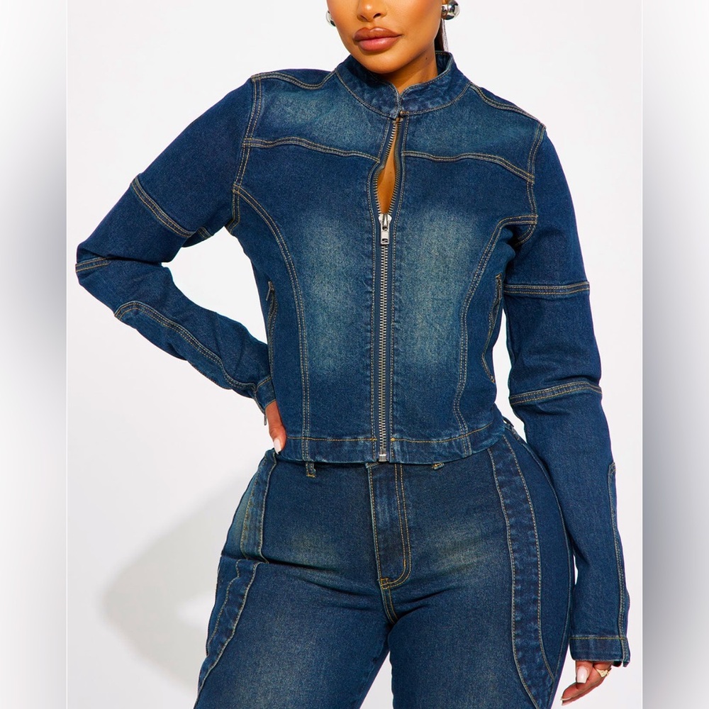 Moto denim jacket and slim fit jeans set